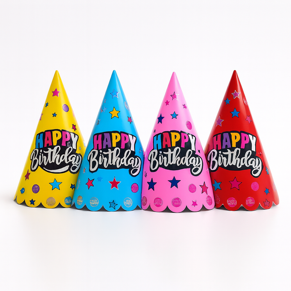 Multi Happy Birthday Party Caps / Hats - 6 Pcs Pack