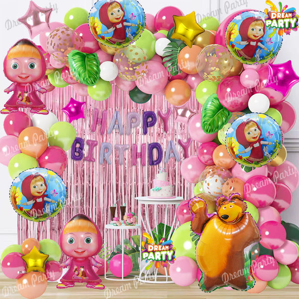 Masha and The Bear Theme Birthday Decorations Full Set of Balloons & Items