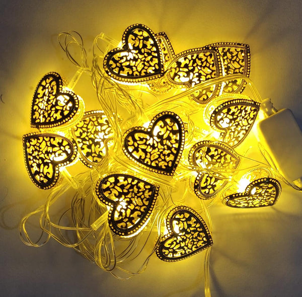 Metal Hearts Shape Golden Led Light 12' Feet - 220 V Plug operated